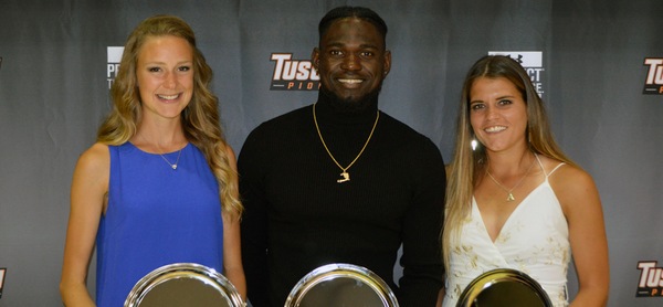 2018-19 Tusculum Athletes of the Year (lt-rt): Nicole McMillen (Cross Country/Track & Field), Widchard Guervil (Track & Field), Annie McCullough (women's tennis).