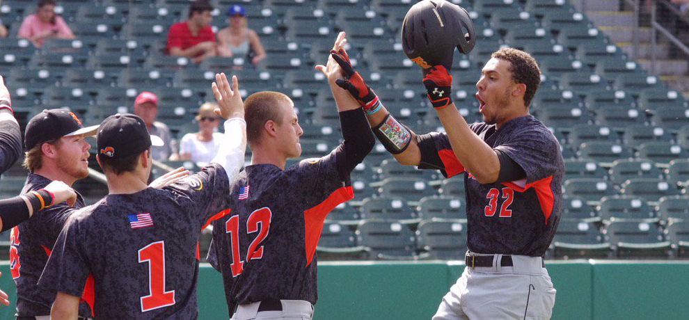 Dante Key celebrates his second home run in as many days at the SAC Baseball Tournament (photo by Chris Lenker)