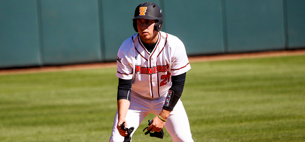 Jake Wapinsky reached base safely in all seven of his plate appearances, scoring four times in Tusculum's DH sweep over No. 9 Wingate (photo by Chuck Williams)