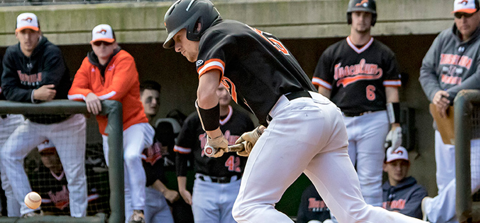 Bryson Ford drove in seven RBI in Tusculum's DH sweep over Goldey-Beacom (photo by Chuck Williams)