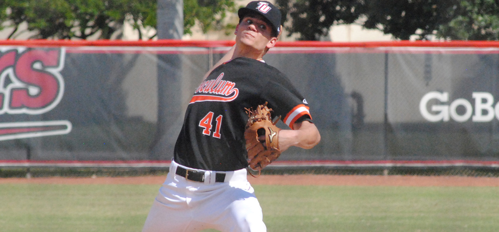 Tusculum's Charles Hall recorded a career-best 16 strikeouts as TU loses 5-3 at Belmont Abbey (photo by Steve Lloyd)