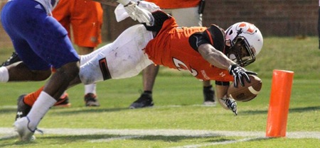 Lor'renzo Pratt dives for the pylon in his first half TD in Tusculum's 28-24 win over Mars Hill (photo by James Spears)