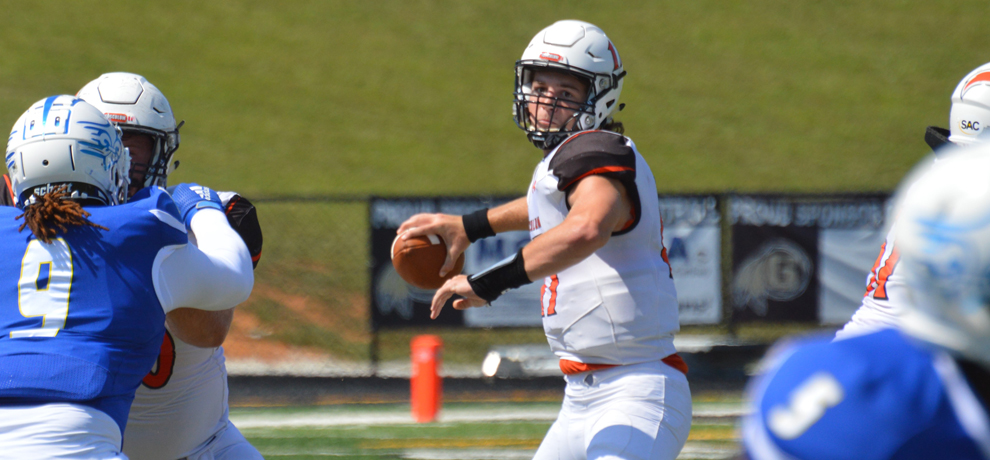 Bryce Moore passed for 287 yards and 3 TDs in Tusculum's 38-10 win at Limestone (photo by Dom Donnelly)