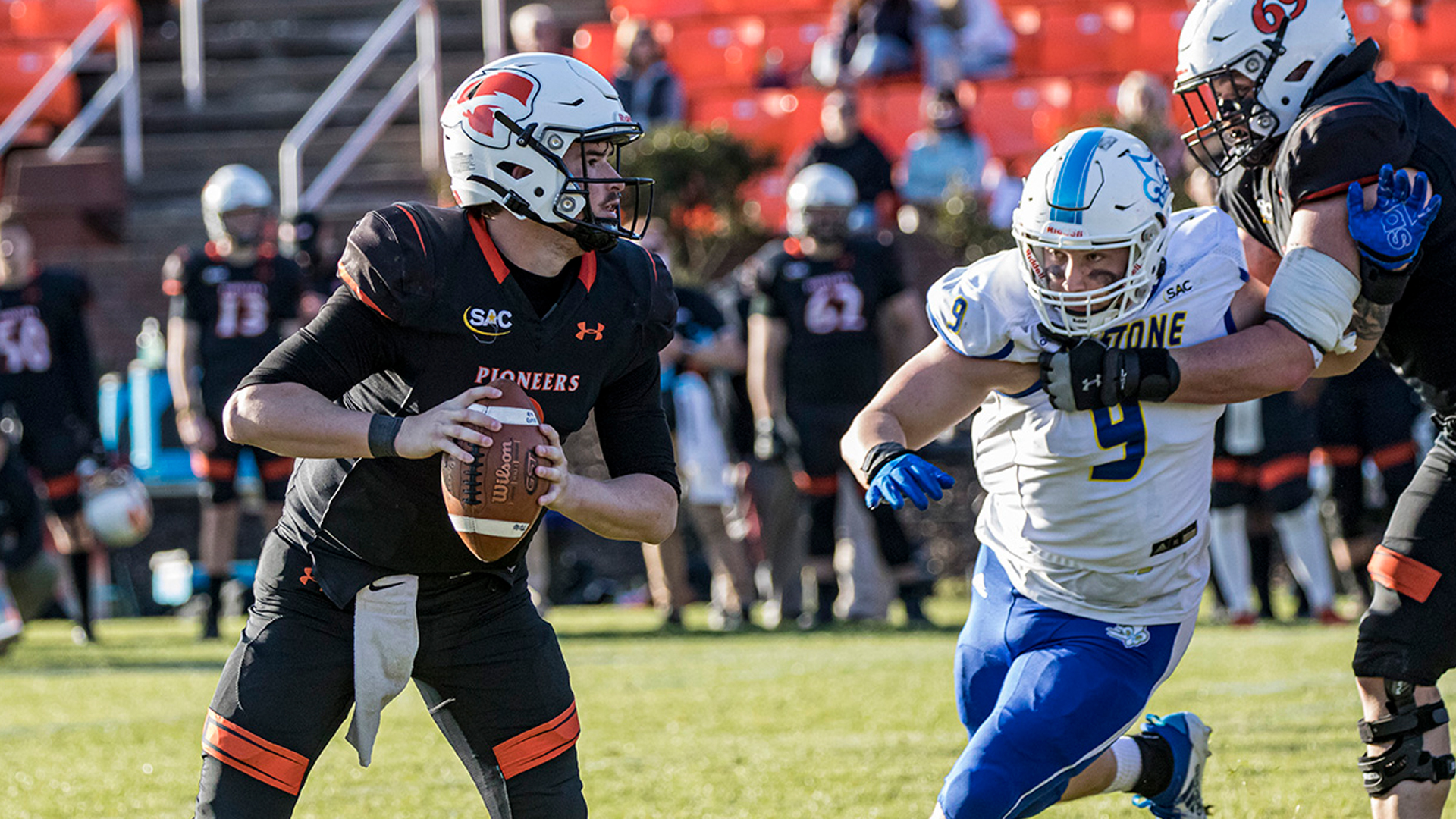 Rogan Wells accounted for 6 touchdowns (5 pass, 1 rush) and threw for a career-best 519 yards in Tusculum's 49-17 win over Limestone (photo by Chuck Williams)