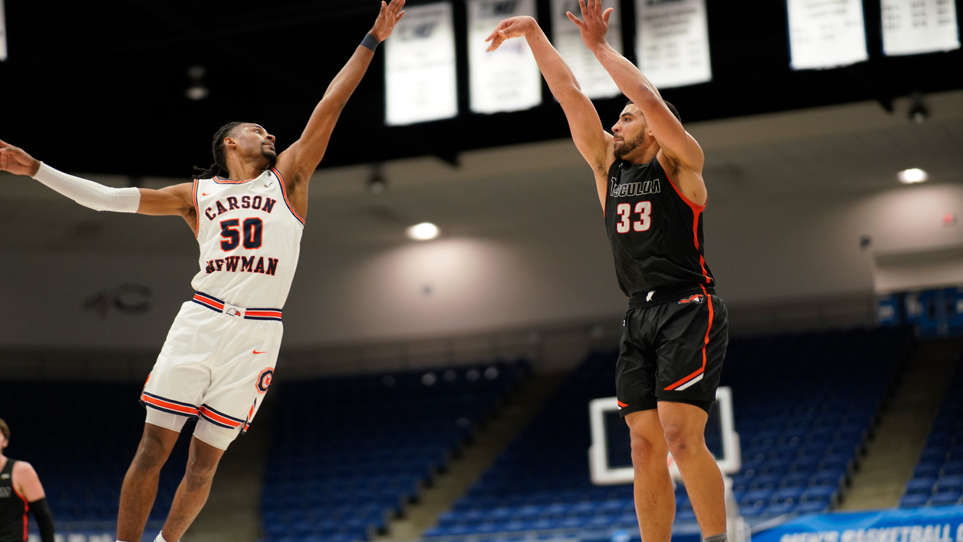 Trenton Gibson scored 22 points in Tusculum's 65-63 overtime win over Carson-Newman in the NCAA Southeast Region quarterfinal (photo by Danny Vaughn)