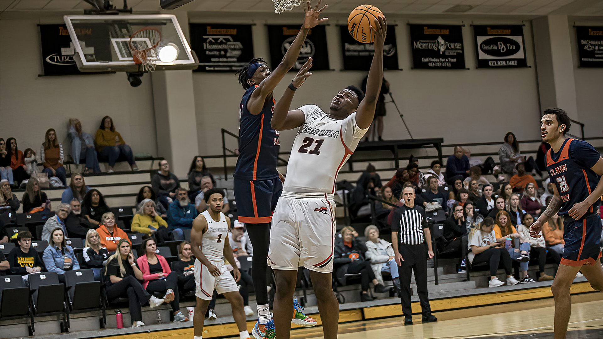 Inady Legiste finished with 19 points and 10 rebounds in Tusculum's 88-77 win over Clayton State (photo by Chuck Williams)