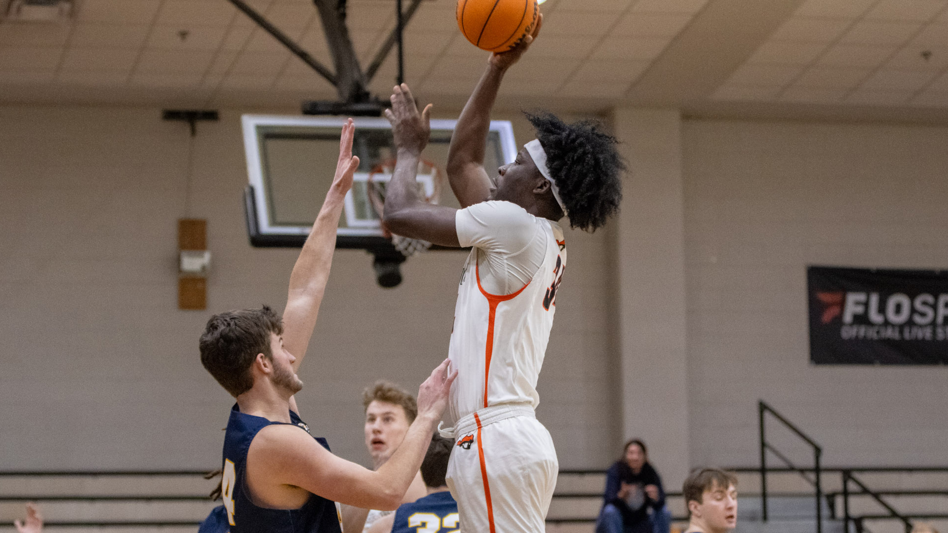 Tusculum's Akeem Odusipe posted his first collegiate double-double in the Pioneers' 84-72 win over Emory & Henry (photo by Kari Ham).