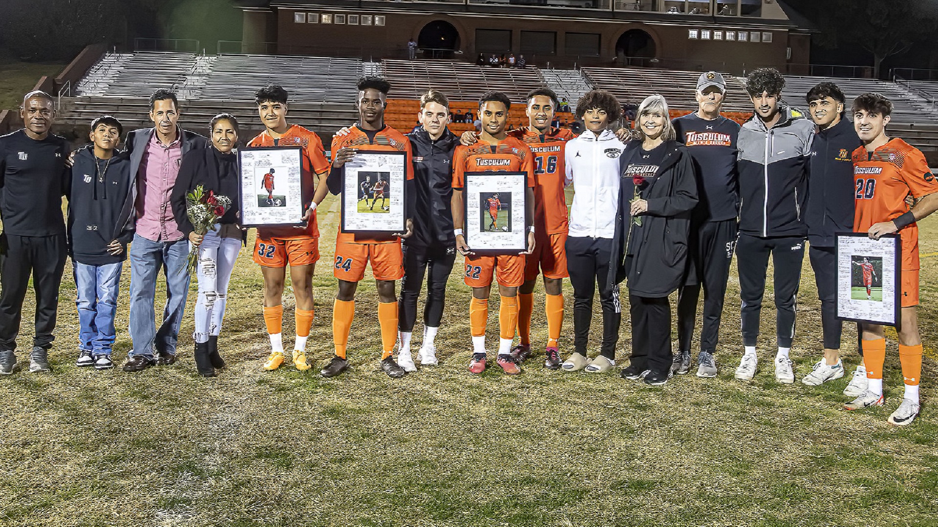 Seniors Juan Villasenor, Ndubueze Henry, J-P Vital and Pedro Concheso are joined by family and friends before Wednesday's match (photo by Chuck Williams)