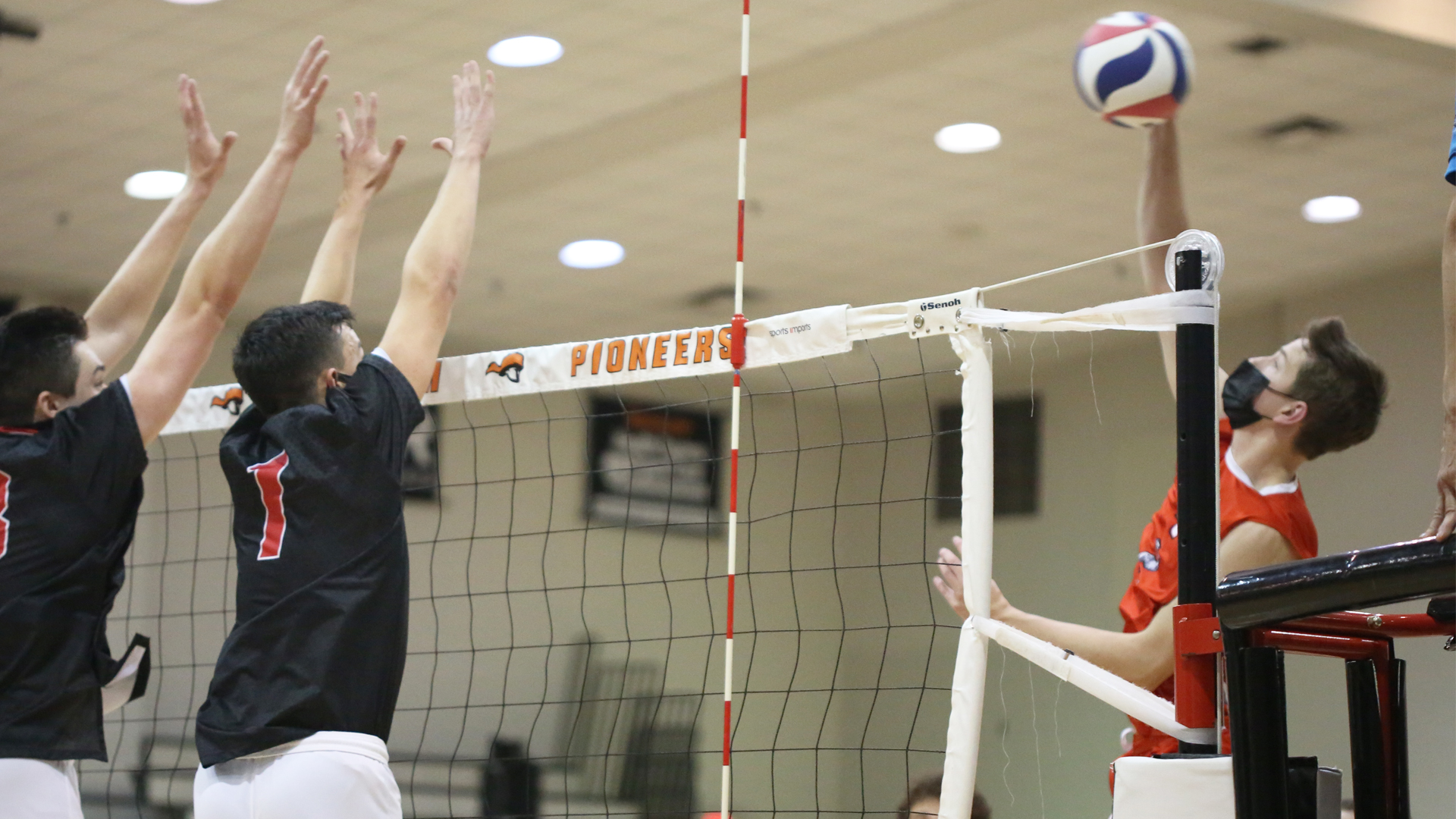 Dane Loup recorded seven kills in the Pioneers' home opener with Belmont Abbey (photo by Dom Donnelly)