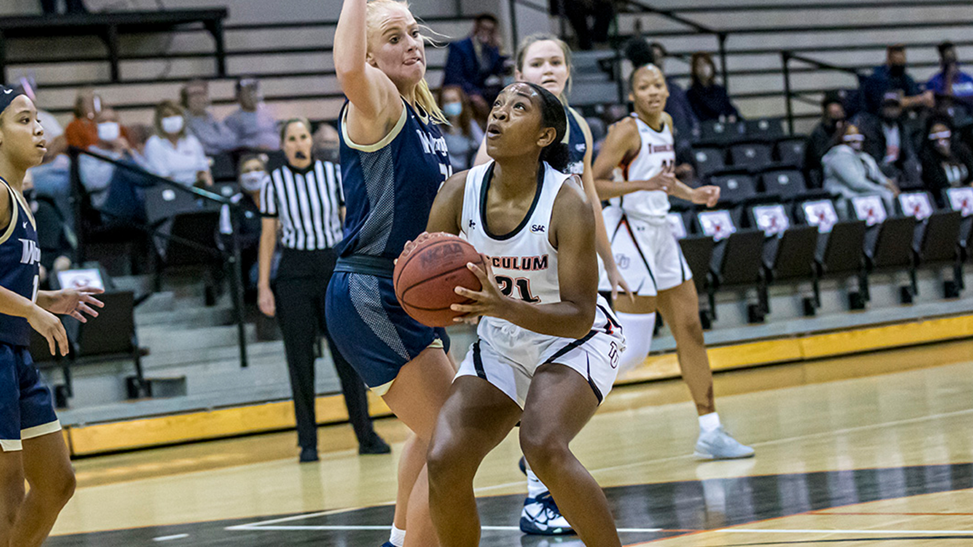 Aliyah Miller scored a game-high 23 points to lead Tusculum to a 63-52 win over Wingate (Photo by Chuck Williams)