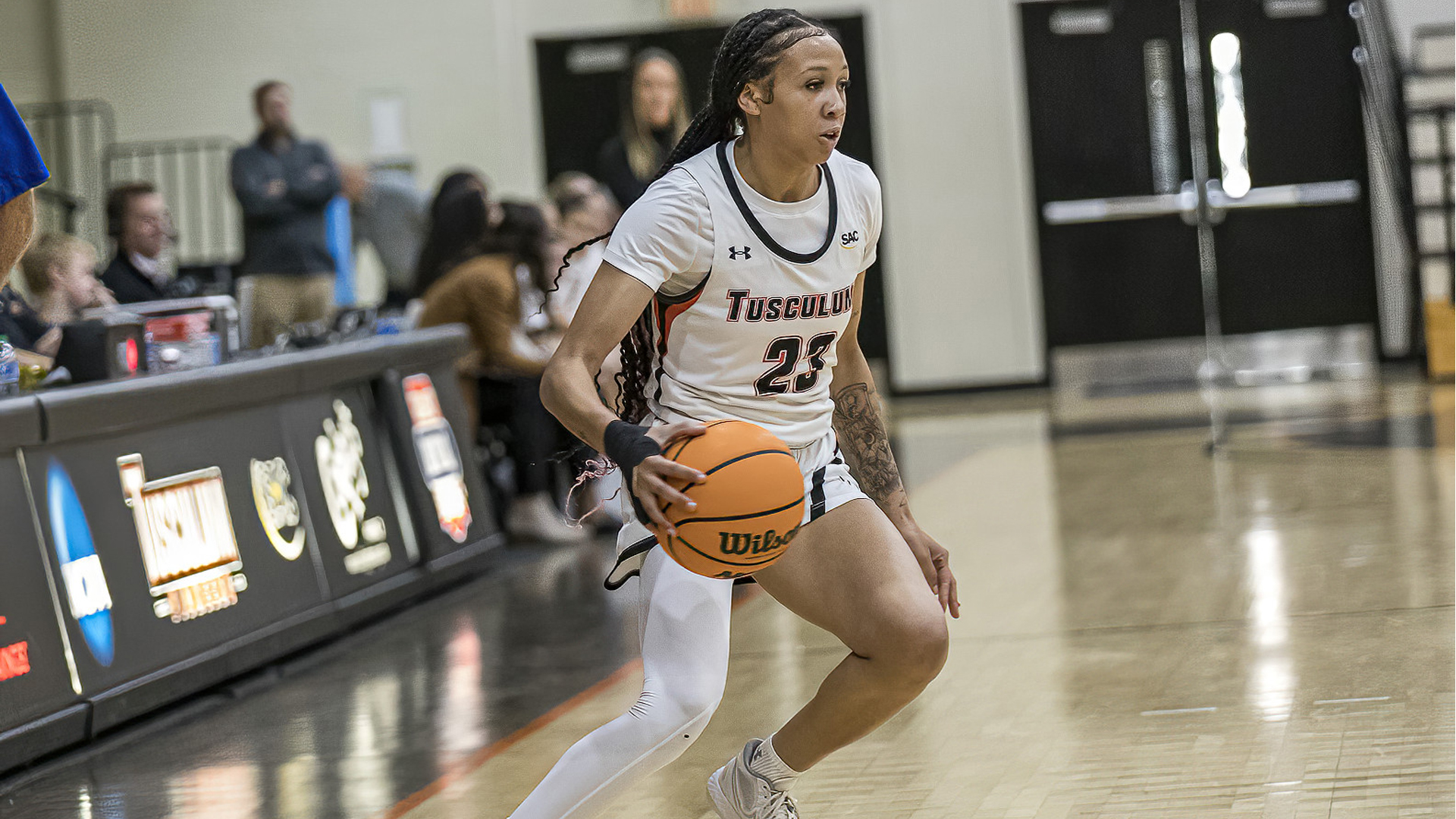 Mya Belton recorded 22 points and 13 rebounds in Tusculum's 65-59 win over Southern Wesleyan (photo by Chuck Williams)
