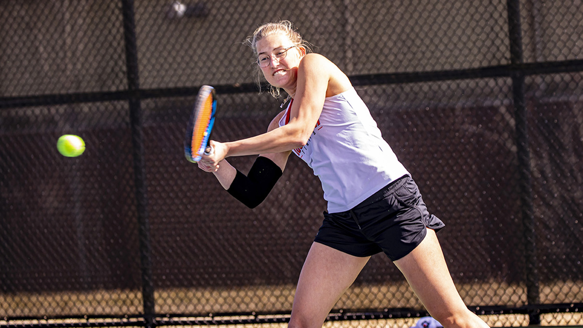 Emilie Hansen earned wins in singles and doubles against Milligan (photo by Chuck Williams)