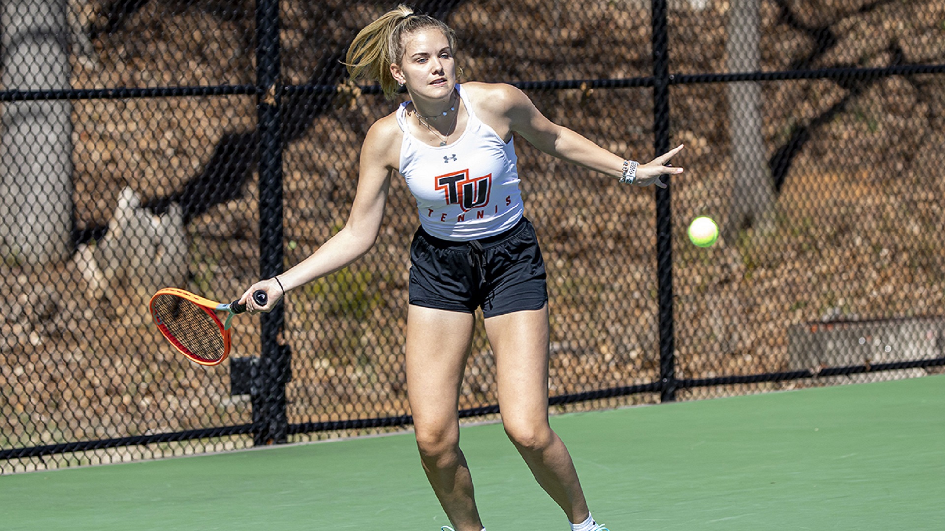 Leonie Floeth defeated 49th-ranked Anna Greer in singles in the Pioneers' 4-3 win over Anderson (photo by Chuck Williams)