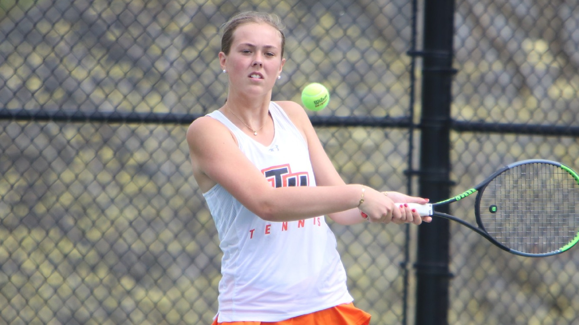 Johanna Selde helped the Pioneers earn a doubles victory against Mars Hill (photo by TU Athletic Communications)