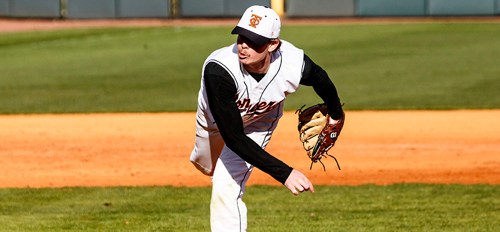 Chase McAllister recorded three huge strikeouts to record his third save of the season in Tusculum's 3-2 win over No. 6 Tampa.
