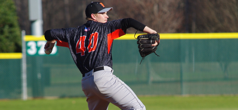 Zach Slagle pitched six shutout innings with six strikeouts in Tusculum's 3-0 win over No. 18 Belmont Abbey (photo by Chris Lenker)