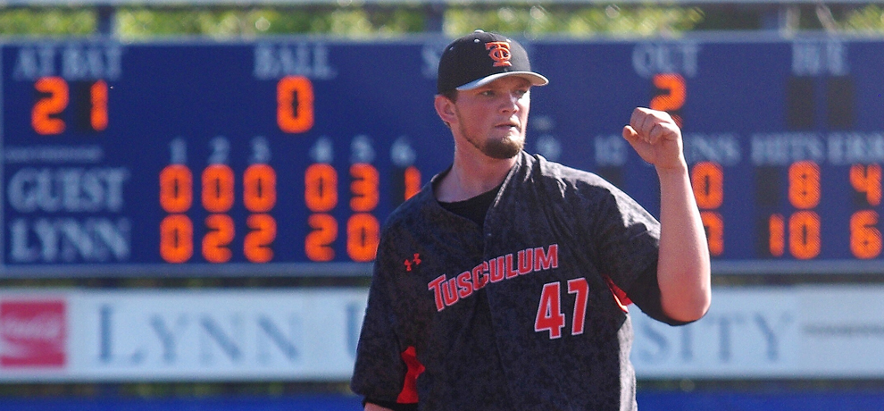 Tim Hardy pitched five strong innings in relief with a career-high 9 strikeouts in Tusculum's 10-7 comeback win at Lynn (Photo by Chris Lenker)