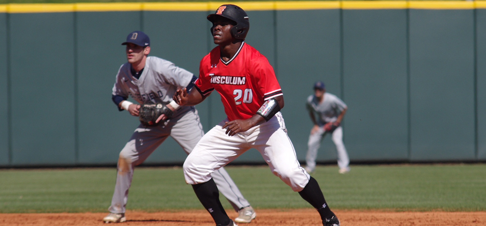 Jarel McDade went 2-for-2 with 4 runs scored and a home run in Tusculum's 13-2 win over Bluefield State (photos by Chris Lenker)