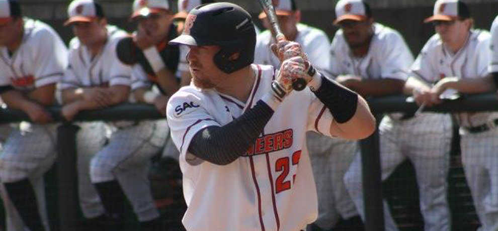 Colby Skeen recorded three hits on his birthday as Tusculum split a SAC doubleheader with Mars Hill (photo by Johnny Painter)