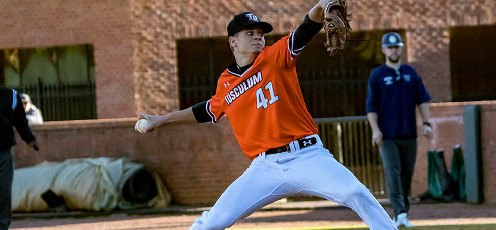 Charles Hall broke the NCAA II single-game record with his 22 strikeouts in Tusculum's 10-1 win over Queens (Photo by Chuck Williams)