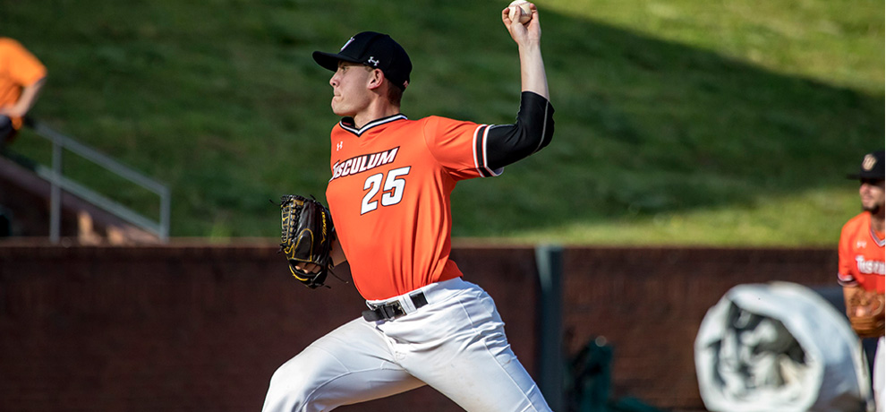 Mitch McCain pitched 5 shutout innings to get the win in Tusculum's 7-5 victory over No. 28 Lincoln Memorial (photo by Chuck Williams)