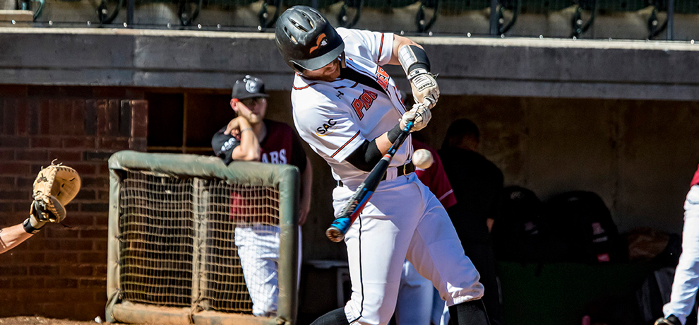 Nate Montgomery posted seven RBI in Tusculum's DH sweep of Lenoir-Rhyne (photo by Chuck Williams)