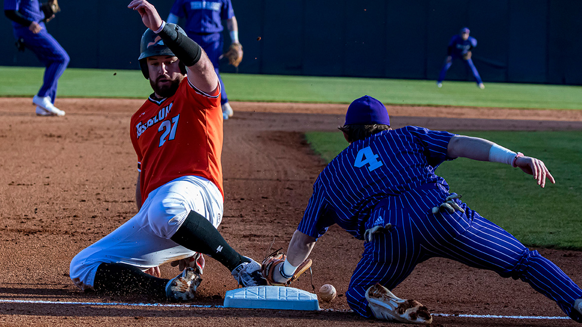 Fuzzy Furr went 4-for-4 with 5 RBI and slides in safely with this stolen base in TU's 16-6 win over #33 Young Harris (photo by Chuck Williams)