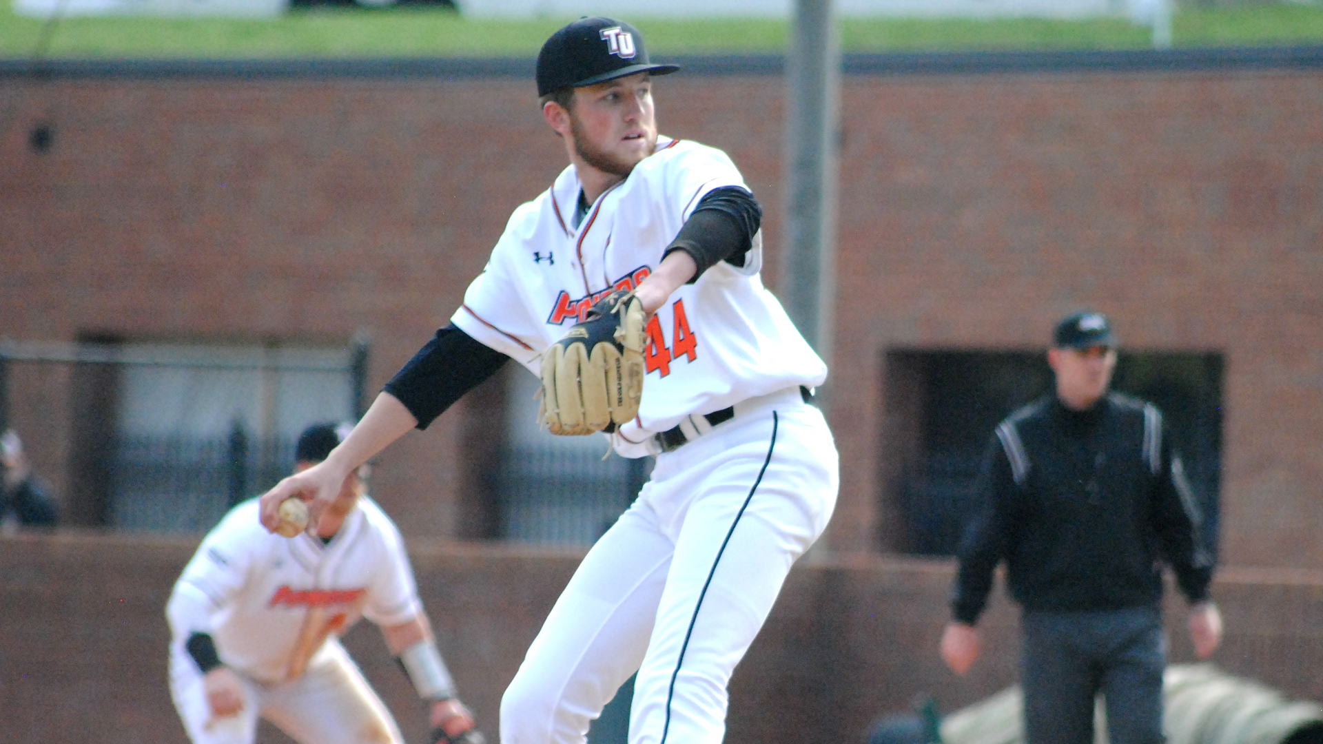 Dawson Gause pitched 3 perfect innings in Tusculum's 10-3 loss to No. 5 Catawba (photo by Steve Lloyd)