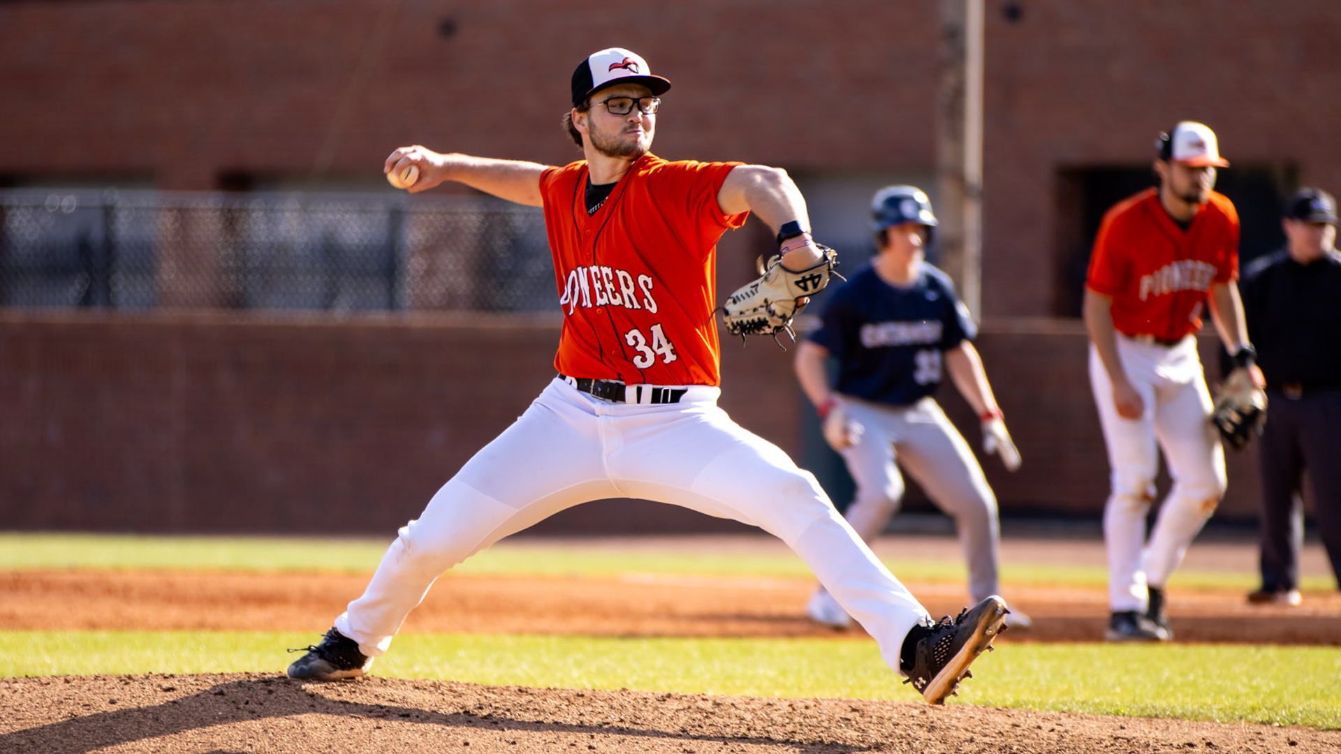 Luke Absher pitched the Pioneers to a 4-2 win in Sunday's opener with Catawba (photo by Kari Ham)
