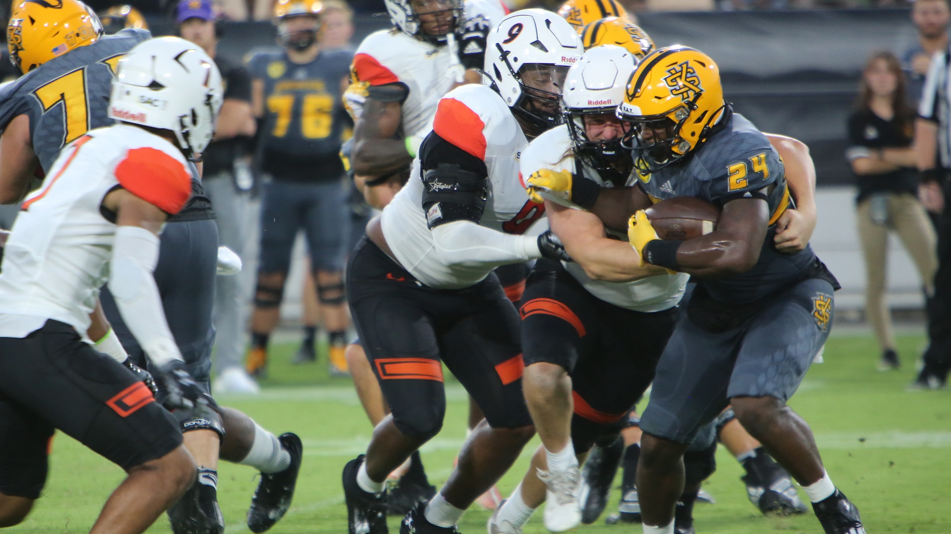 The Pioneer defense held Kennesaw State running backs to 75 yards on the ground (photo by TU Athletic Communications)