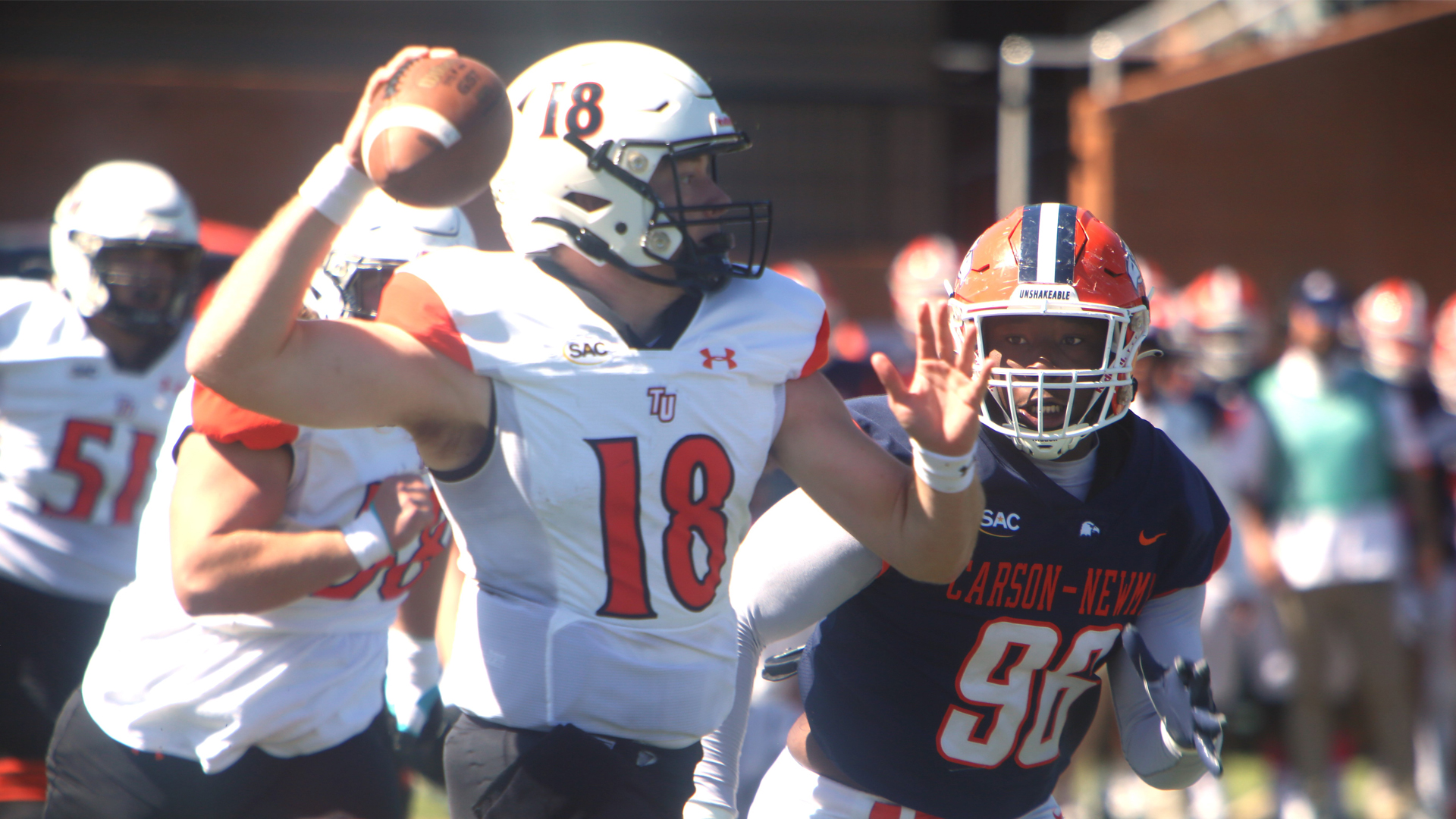Matthew Palazzo threw for 370 yards and four touchdowns in Tusculum's 27-21 win at Carson-Newman (photo by Dom Donnelly)
