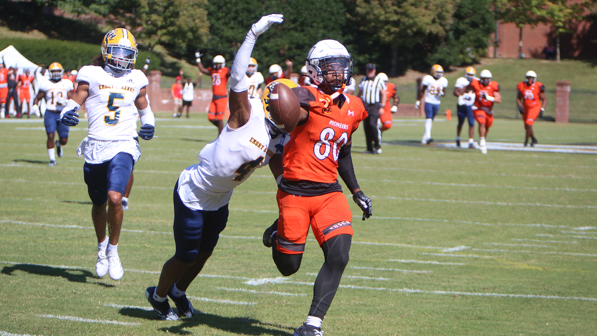 Taivonn Erwin scores on this 42-yard TD reception against Emory & Henry (photo by Dom Donnelly)