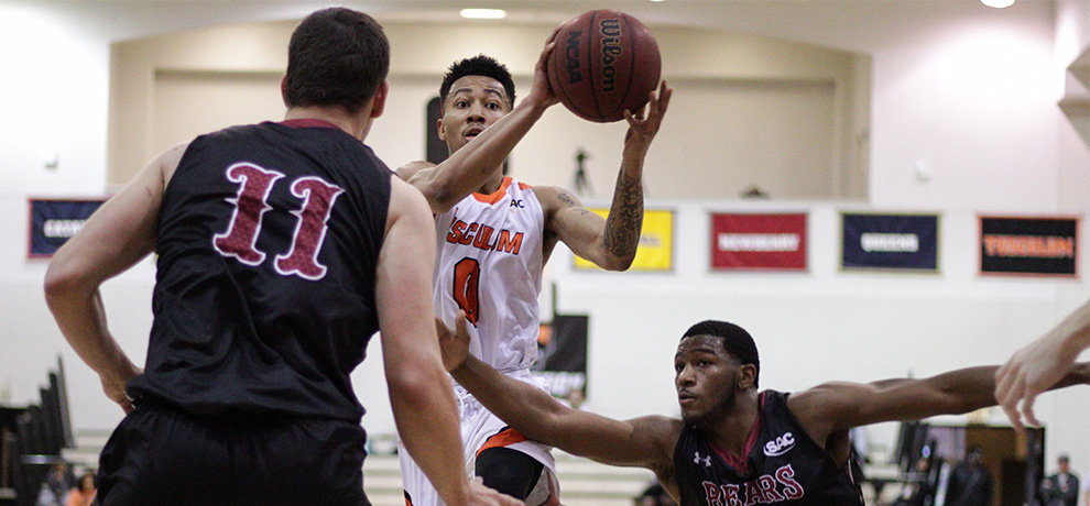 Donovan Donaldson scored a team-high 16 points in Tusculum's 82-79 home loss to Lenoir-Rhyne (photo by James Spears)