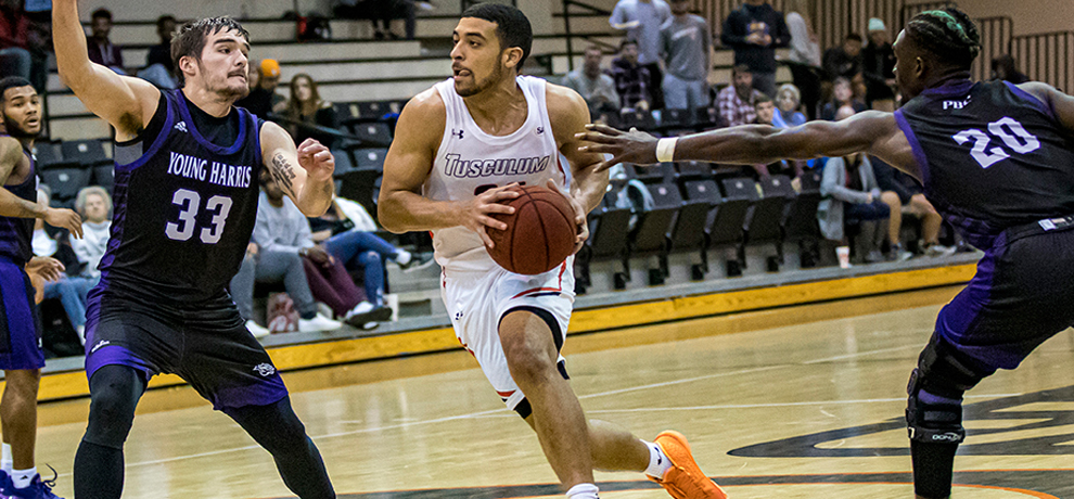 Trenton Gibson scores 24 points in Tusculum's 74-73 come-from-behind win over Young Harris (photo by Chuck Williams)