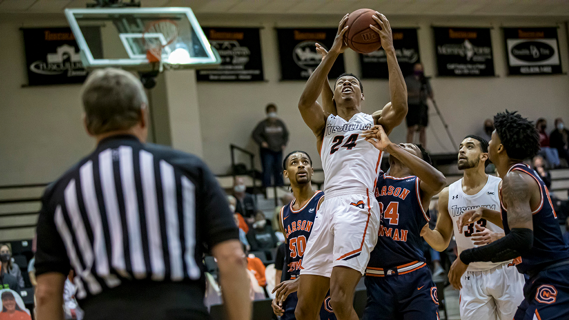 Brandon Mitchell posted 13 points and a career-best seven blocked shots in a 60-59 loss to Carson-Newman in Thursday's SAC Semifinal (photo by Chuck Williams)