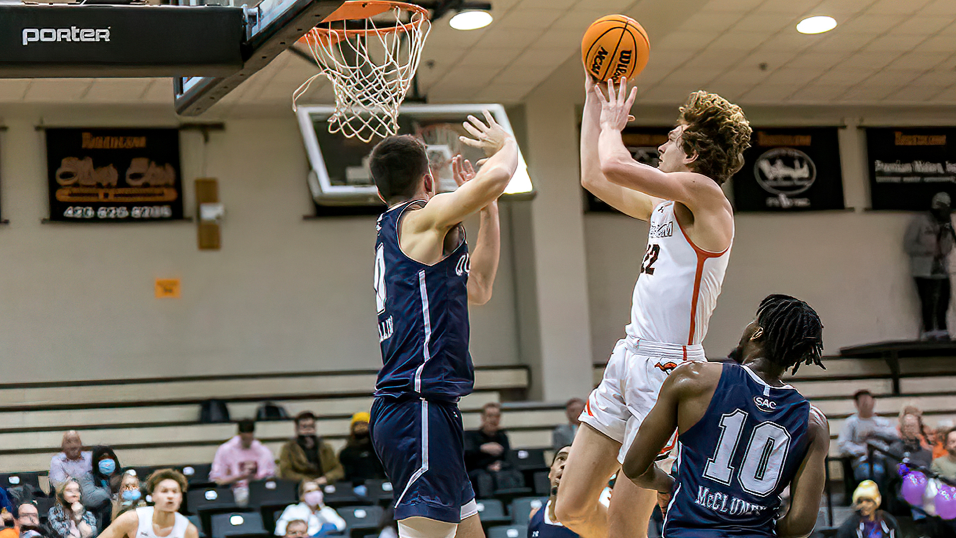 Jacob Hobbs recorded his first collegiate double-double with 12 points and a career-high 12 rebounds against Queens (photo by Chuck Williams)