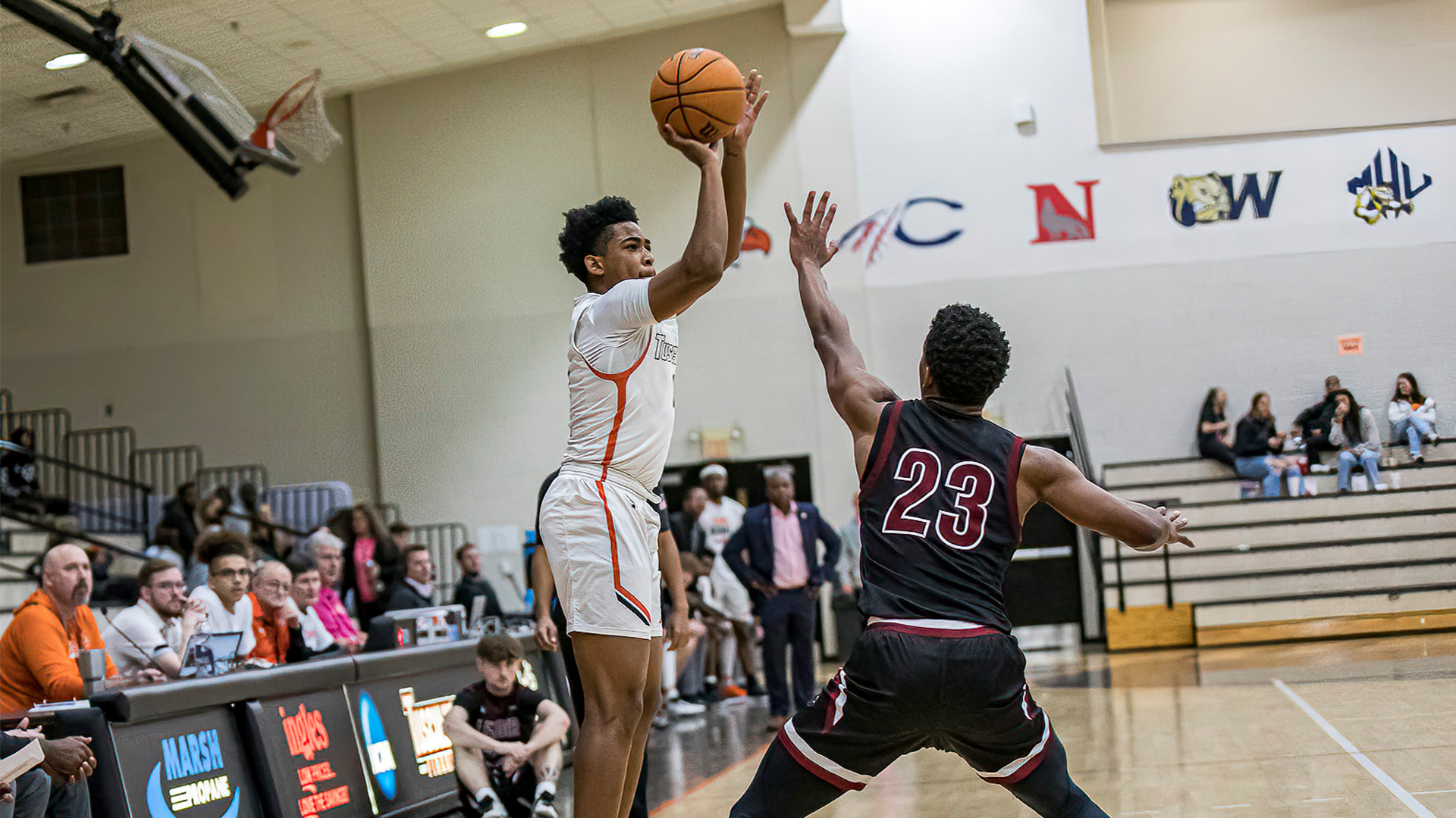 Kobe Funderburk scores a career-high 21 points in Tusculum's 85-78 win over Lenoir-Rhyne (photo by Chuck Williams)