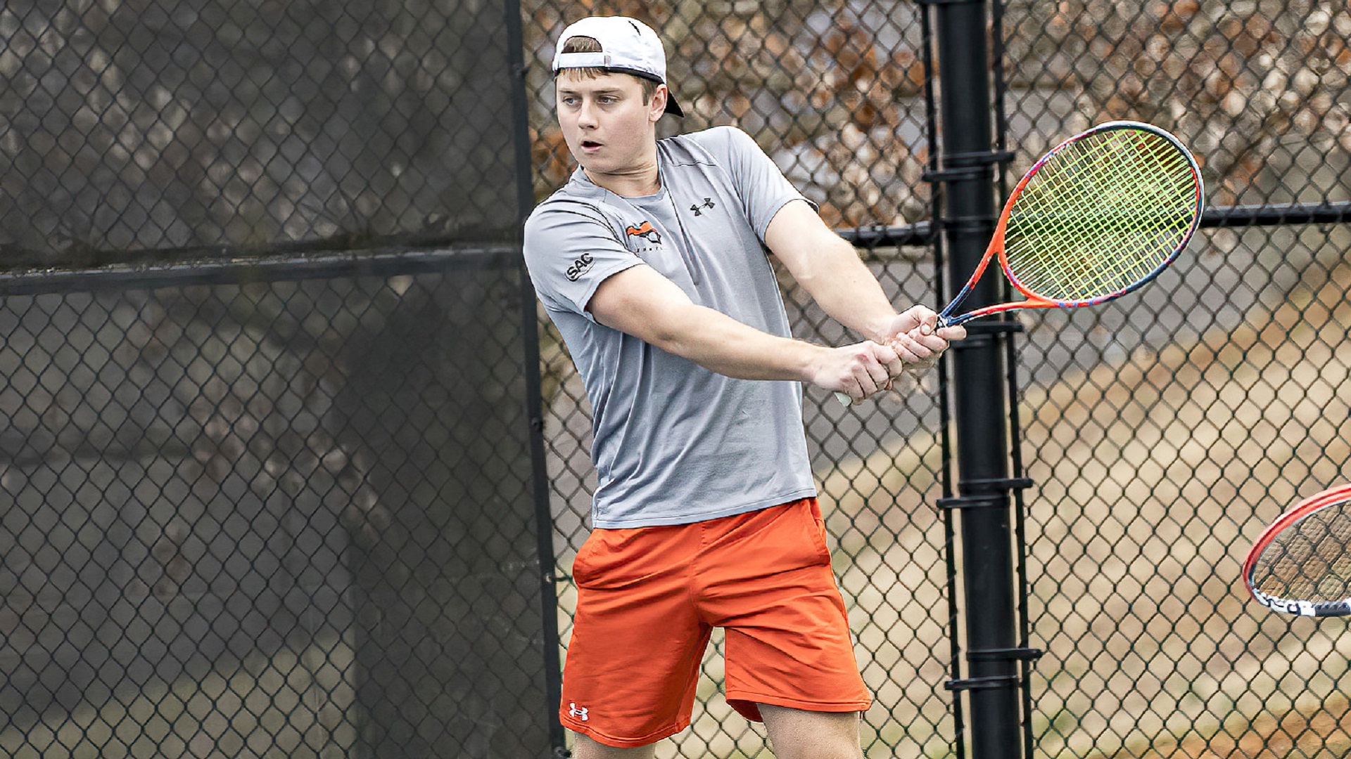 Rhodri Atkinson won in both singles and doubles for the Pioneers against Lee (photo by Chuck Williams)