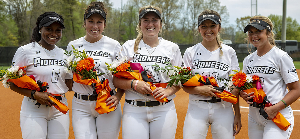 Seniors Taylor Battle, Emily White, Emily Hester, Morgan Mahaffey and Taylor Plemons were honored prior to Saturday's doubleheader (photo by Chuck Williams)