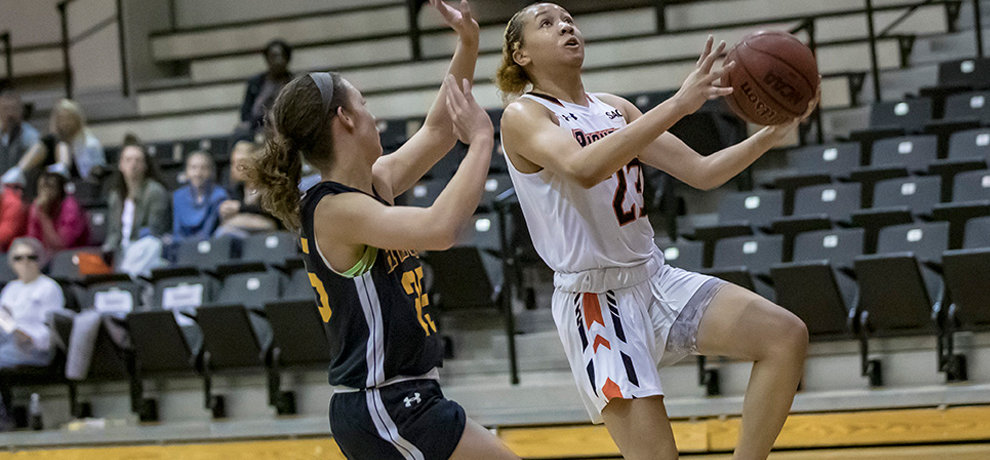 Mya Belton scored a career-high 23 points in Tusculum's 74-30 win over Hiwassee on Education Day at Pioneer Arena (photo by Chuck Williams)