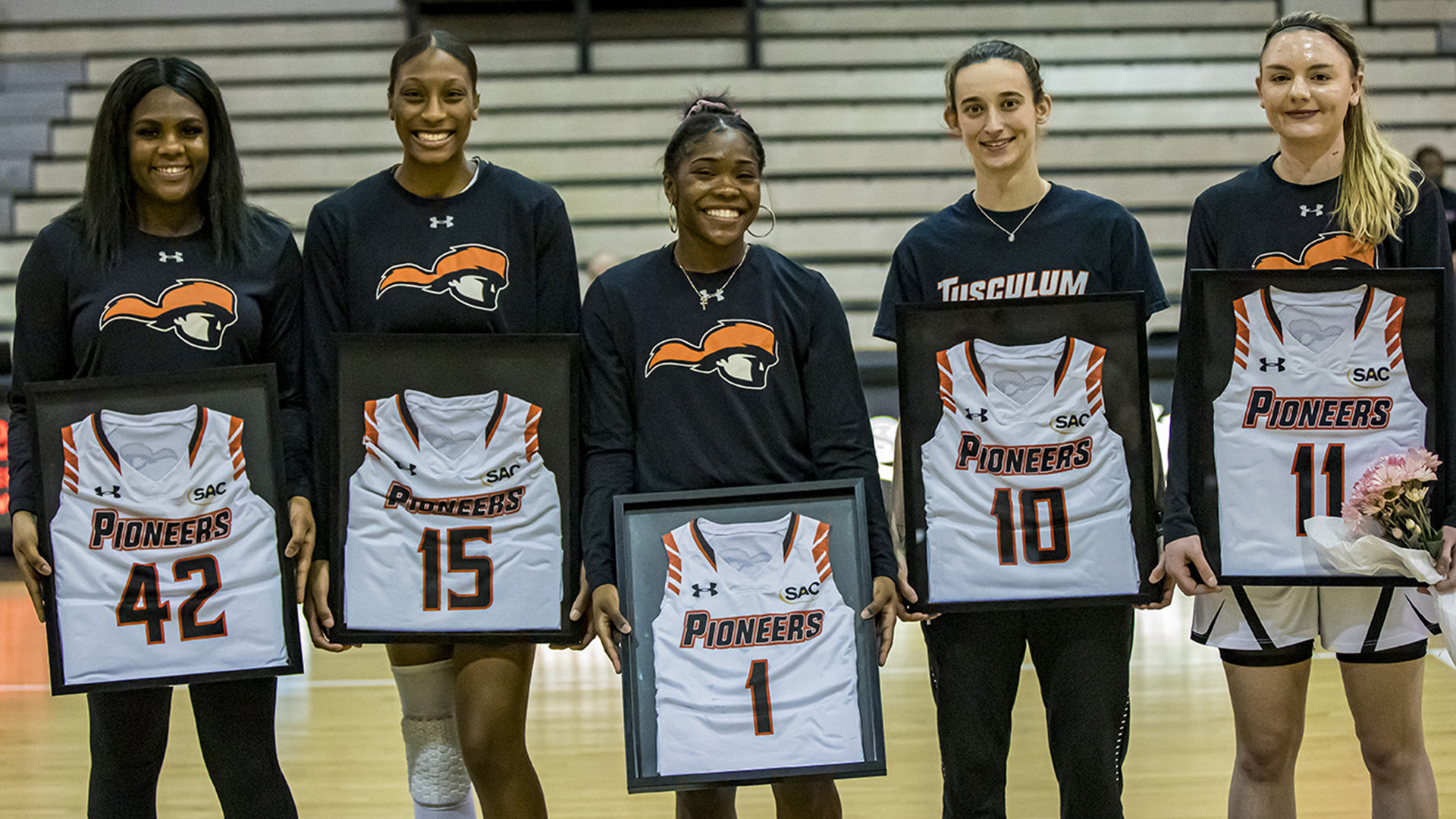 Seniors (from left) Torry Patton, Jasmine Williams, Mia Long, Sydney Wilson and Kasey Johnson were honored prior to Saturday's game (photo by Chuck Williams)
