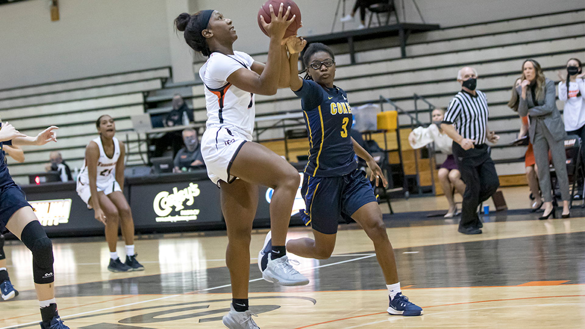 Deidre Cheremond scored a season-best 15 points to lead 10th-ranked Tusculum to a 92-51 win over Coker (photo by Chuck Williams)