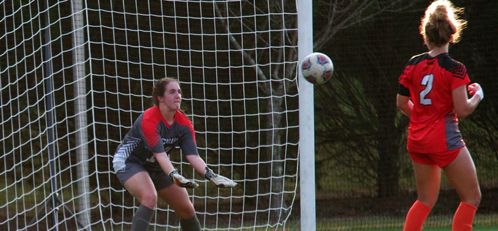 Playing in her first-ever game in goal, Chelsea Sheerin had nine saves against Queens (photo by Chris Lenker)
