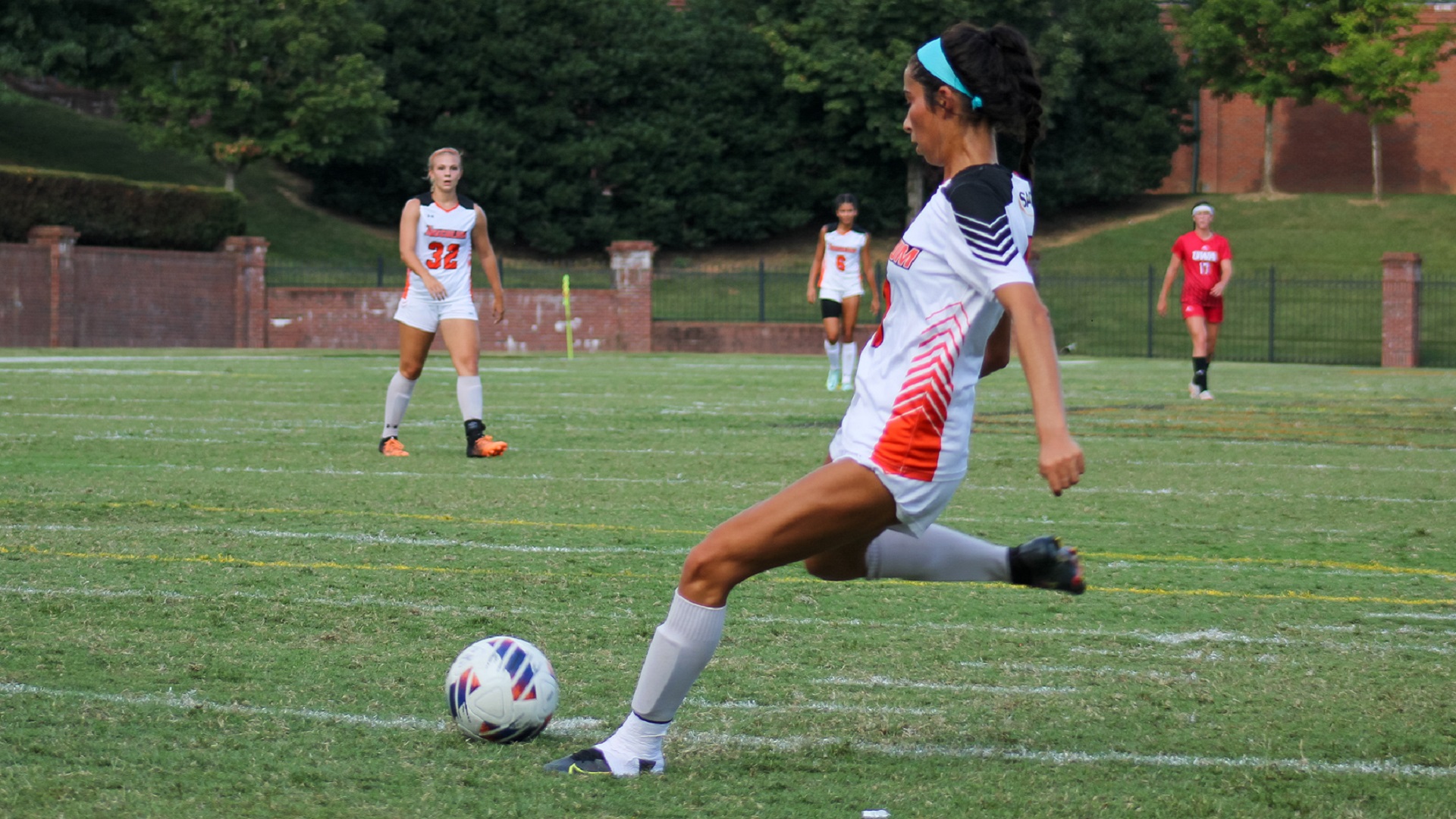 Brianna Garcia connects for the go-ahead goal in the second half against West Alabama (photo by student photographer Kari Ham)