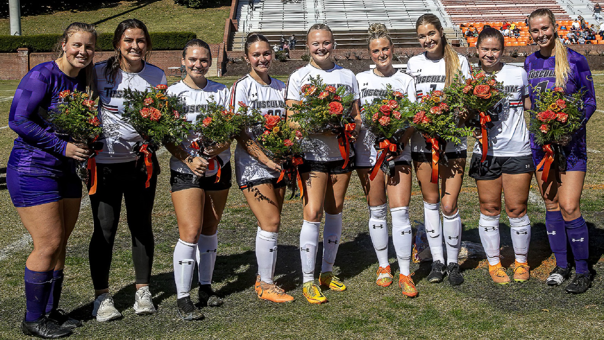 Tusculum's nine senior women's soccer players are recognized before the game (photo by Chuck Williams)