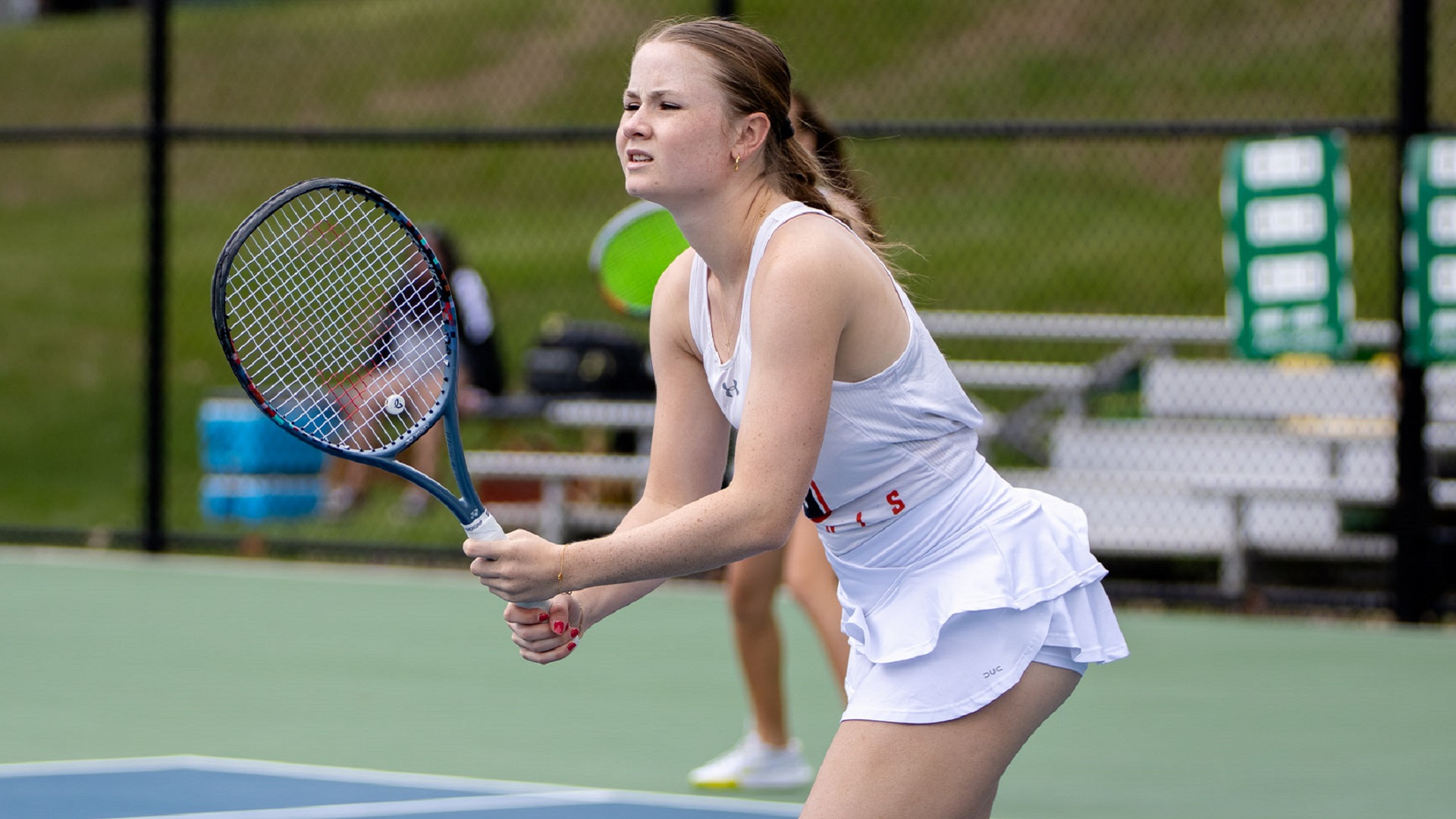 Elodie Baechler won in singles and doubles for the Pioneers against Anderson (photo by Kari Ham)