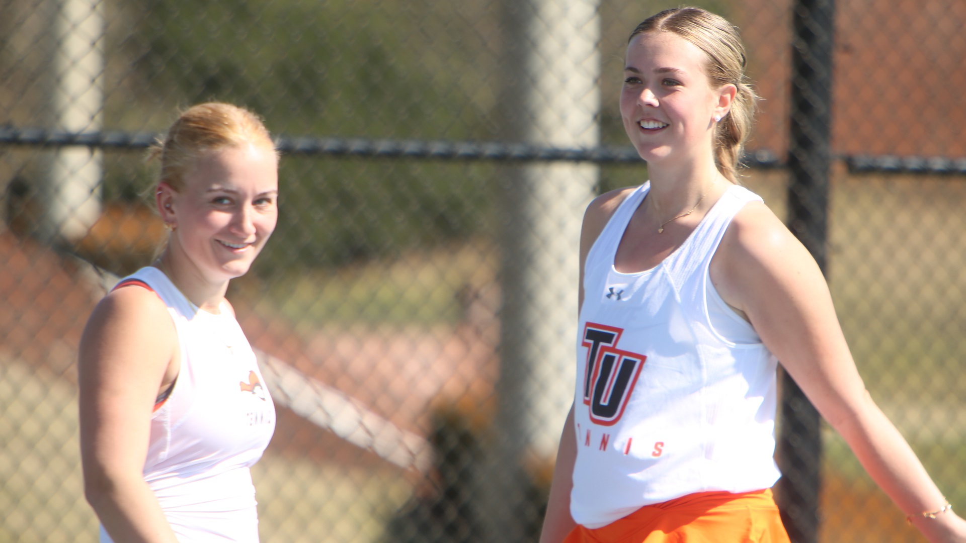 Ylva Frafjord Landa (left) and Johanna Selde picked up a doubles win for the Pioneers against North Georgia (photo by TU Athletic Communications)