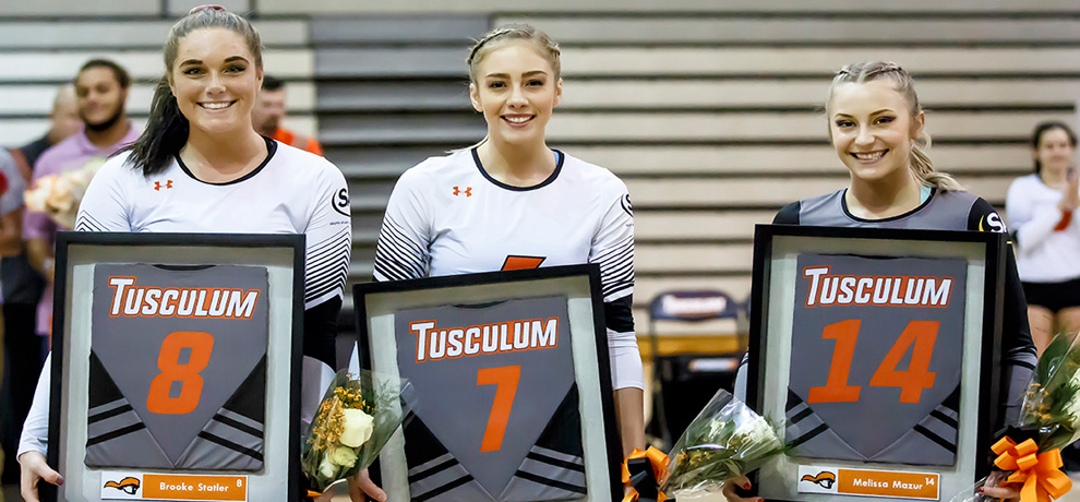 Tusculum seniors Brooke Statler, Cassie Born and Melissa Mazur honored prior to Friday's Senior Night win over Lenoir-Rhyne (Photo by Chuck Williams)